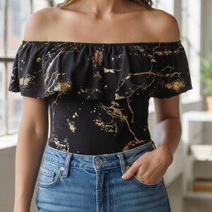 Minette Marbled Black and Gold Women's Size Medium Bodysuit